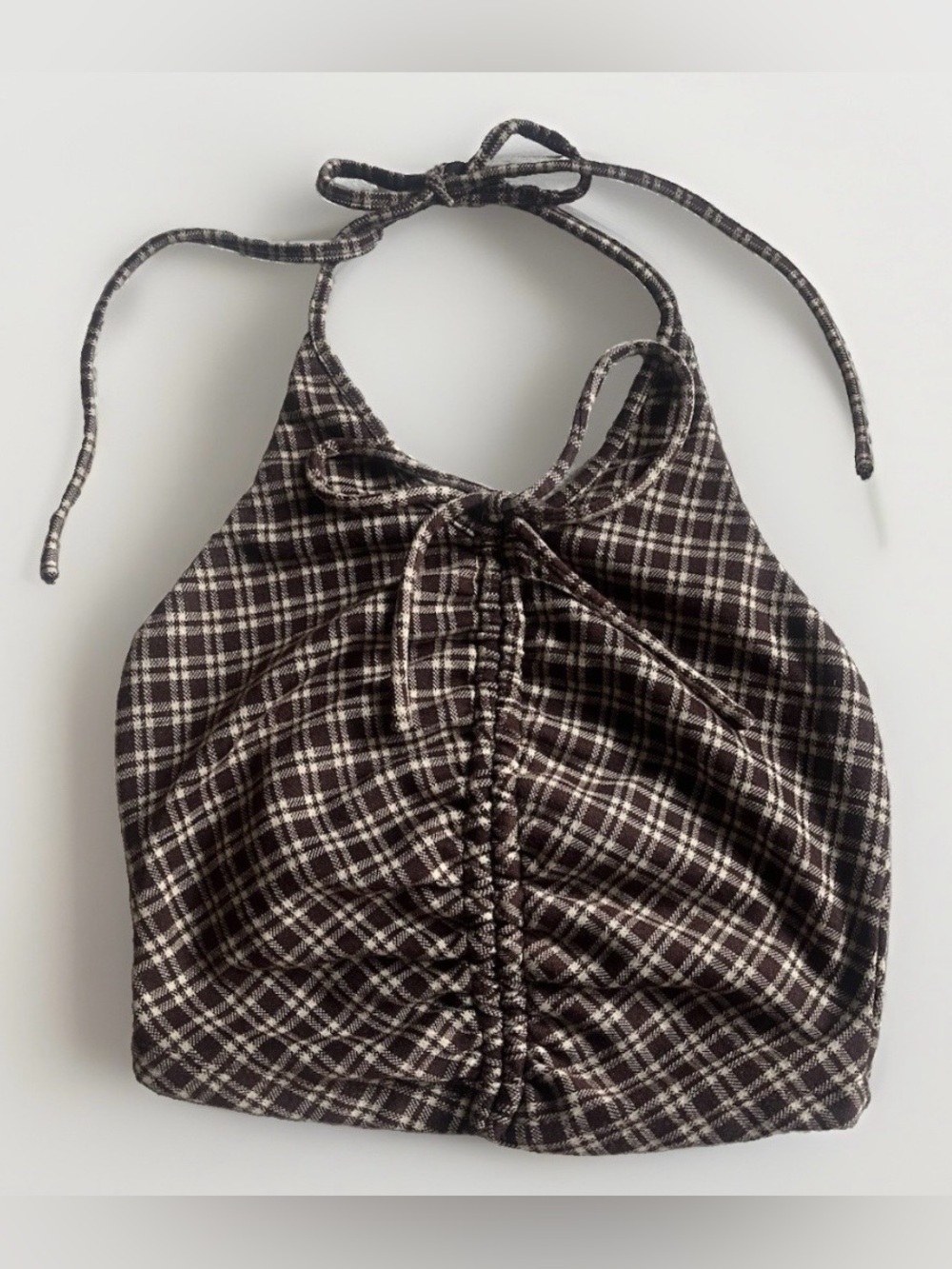 Princess Polly Brown and Cream Plaid Ruched Halter Crop Top
